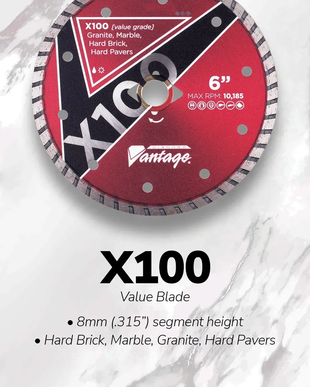 Diamond Vantage X100 Small Turbo Concrete Diamond Blade 5 X100 value diamond blade for hard brick, marble, granite, and hard pavers.