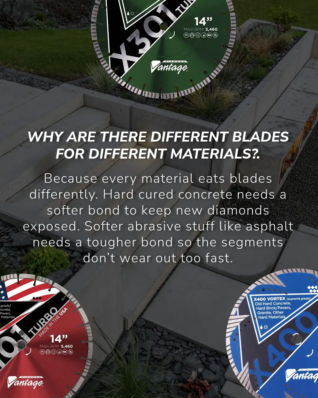Diamond Vantage Supreme Masonry Diamond Blade X400 Vortex 8 Diamond Vantage X400 Vortex diamond blade explaining why different blades are used for different materials, including hard concrete and masonry.