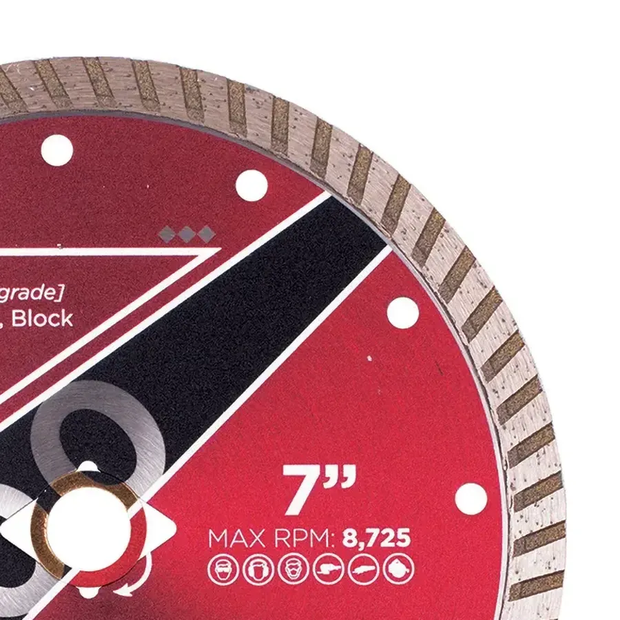 Diamond Vantage X100 Small Turbo Concrete Diamond Blade 3 7 inch X100 turbo diamond blade showing 8,725 maximum RPM and continuous turbo rim.