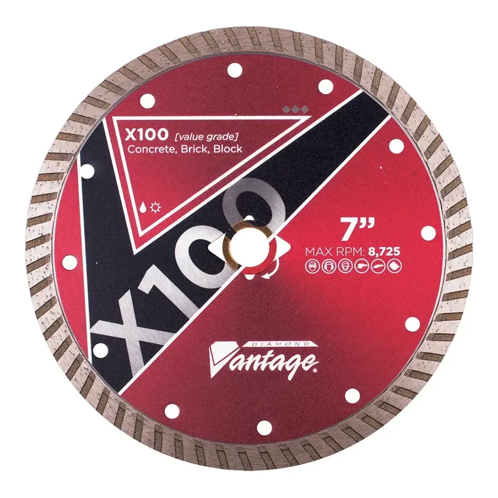 Diamond Vantage X100 Small Turbo Concrete Diamond Blade 1 Diamond Vantage X100 general purpose turbo diamond blade for concrete, brick, and block.