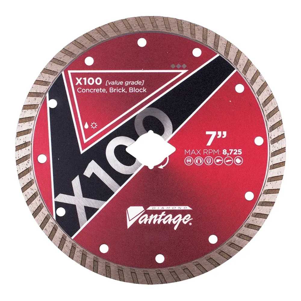 Diamond Vantage X100 Small Turbo Concrete Diamond Blade 2 Diamond Vantage X100 turbo diamond blade showing diamond knockout arbor for circular saws and grinders