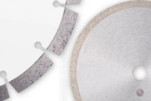 Close-up of segmented and continuous rim diamond blades on a white background, featuring the Diamond Blade Planet logo watermark in the corner.