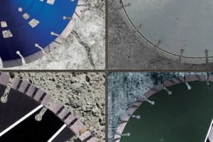 Four different Diamond Blade Planet concrete cutting blades matched against various concrete types, including cured aggregate and dense concrete, demonstrating proper blade selection.